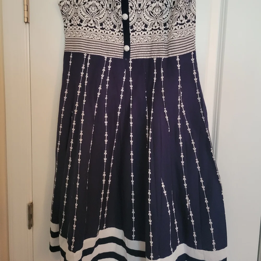 Damask Print Dress Cotton Blend Navy White Boho Statement Size L‎ - Picture 8 of 9